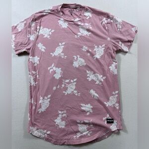 Hollister Men’s Pink Floral T Shirt Large Curved Hem Logo Tee